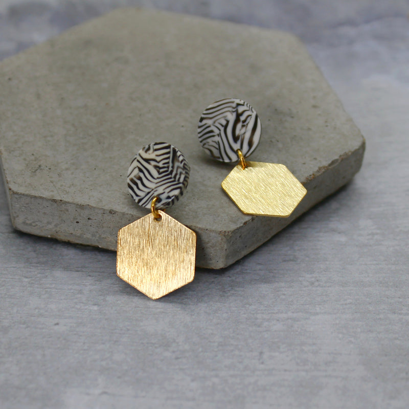 Brushed brass hexagon earrings - Various colours - Mara studio