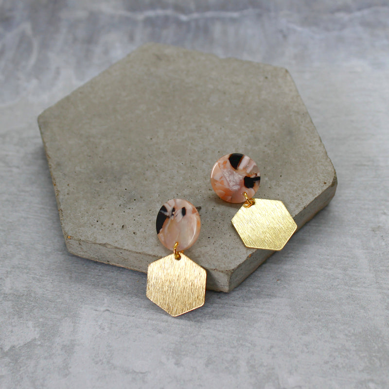 Brushed brass hexagon earrings - Various colours - Mara studio