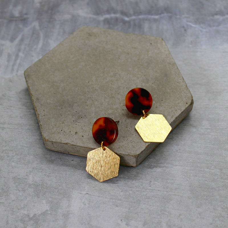Brushed brass hexagon earrings - Various colours - Mara studio