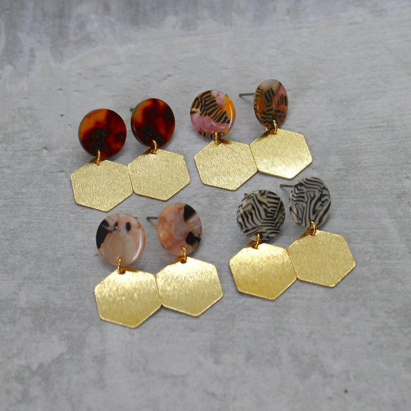 Brushed brass hexagon earrings - Various colours - Mara studio